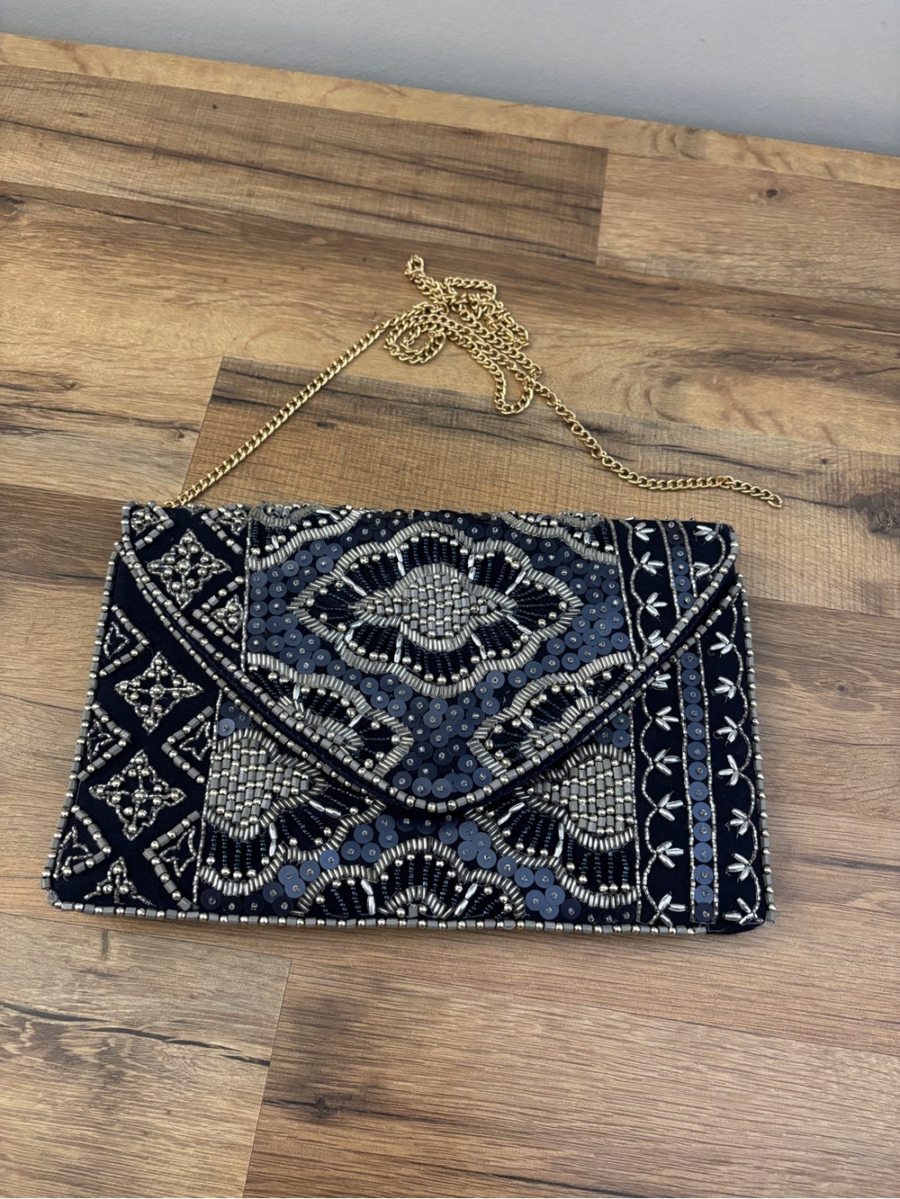 Lulus Etched in Stone Beaded Sequin Envelope Clutch Crossbody Purse Navy Blue